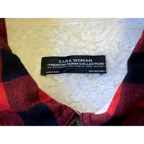 Zara Coat Jacket Women XL  Fleece Lined Flannel Buffalo Plaid Red Black Relaxed - Picture 11 of 12